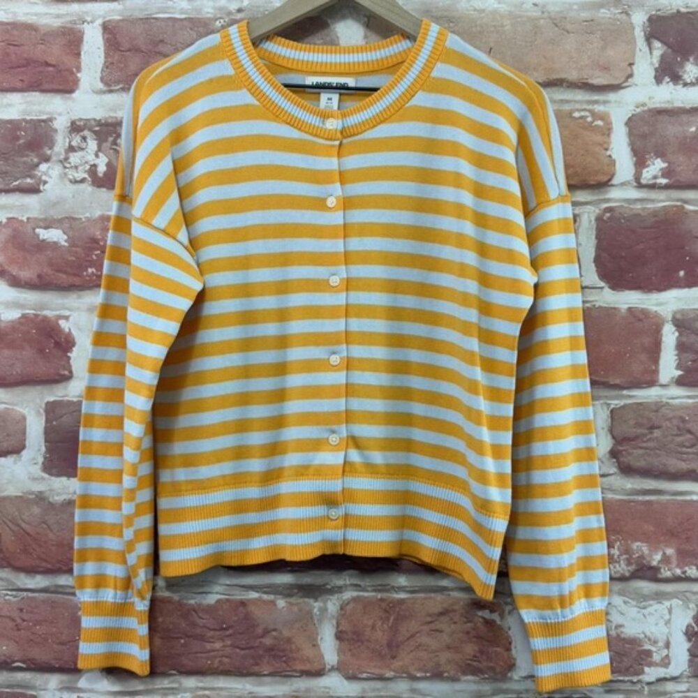 Lands End Cardigan Sweater Womens Medium Yellow Striped Basic Casual Capsule